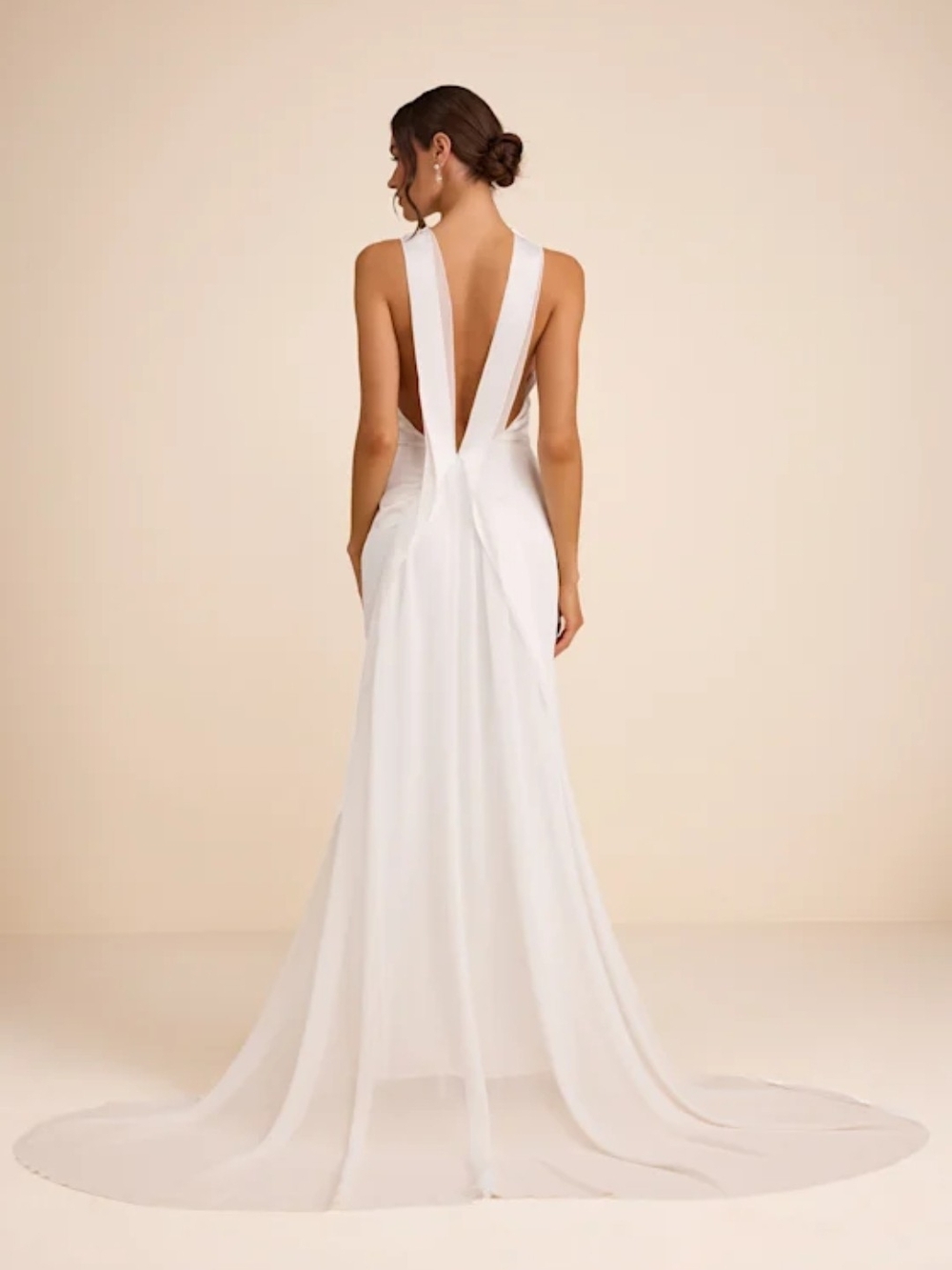 Lulu's White Satin Column Wedding Gown with Sheer Train Size L NEW #3G